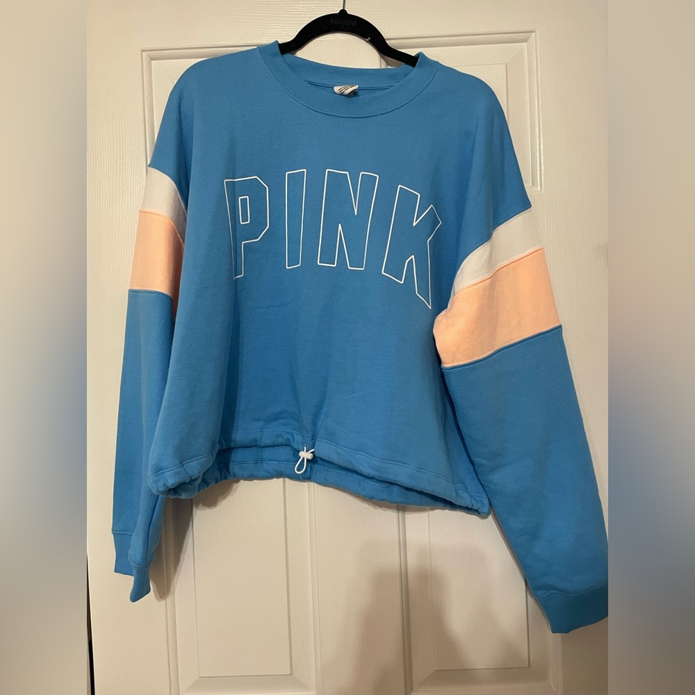 PINK Victorias Secret Large Cropped Pull String Sweatshirt Blue White And Peach